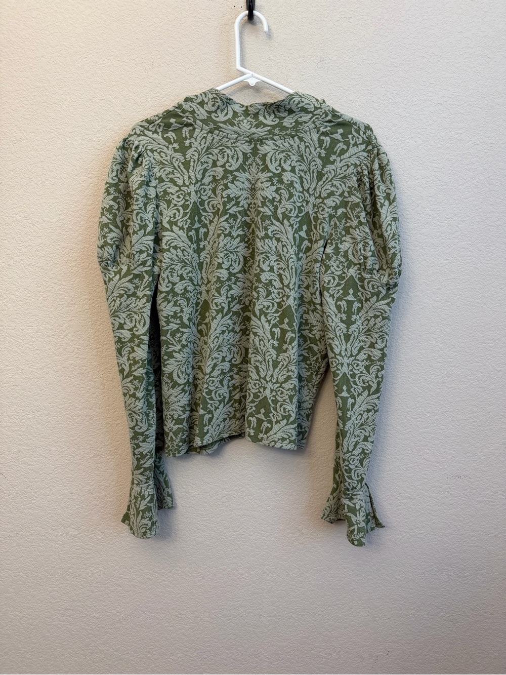 Anthropologie Olive Green Jacquard Puff-Sleeve Turtleneck Top Sz XL - Picture 2 of 11